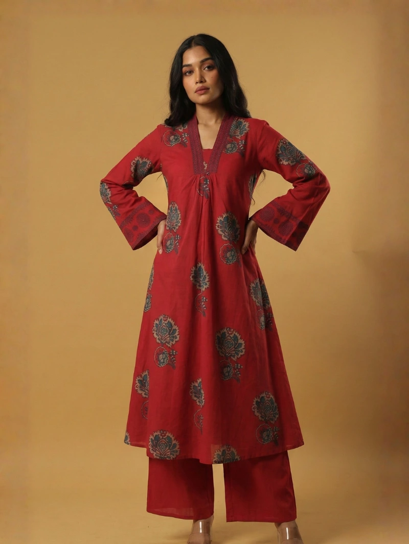 Red Printed Cotton 3-Piece Set