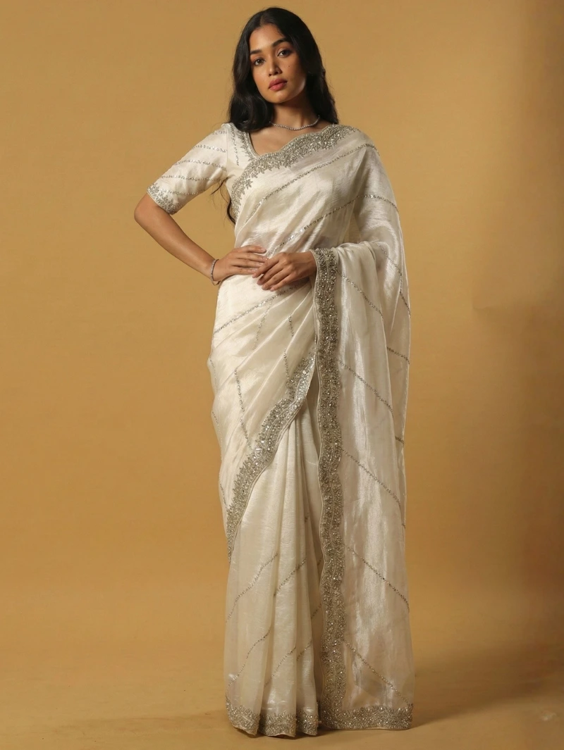 Ivory Embellished Saree