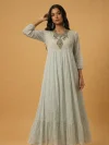 Light pista green gown with adjustable belt